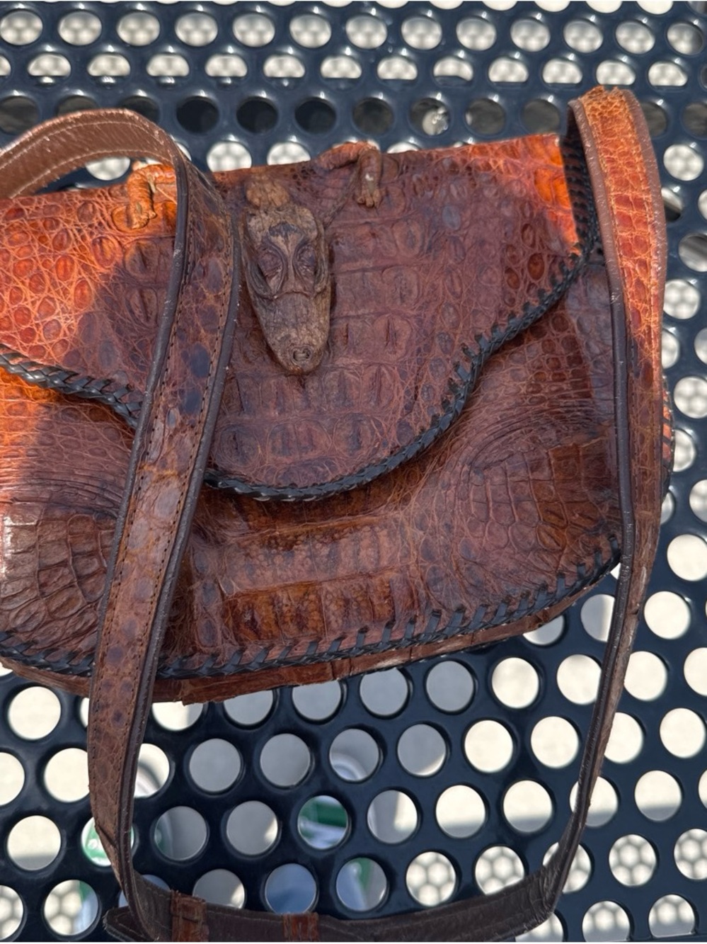 Brown iguana  and cocodrile skin Embossed Leather Crossbody Bag